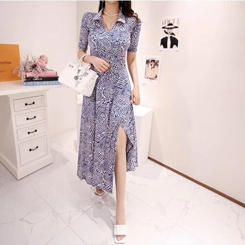 2020 New Arrival Blue Korean Printed Long Maxi Dress Women Short Sleeve V-neck Elegant Office Fashion Party Dresses Vestidoes