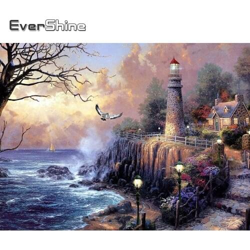 EverShine 5D DIY Diamond Painting Landscape Picture Of Rhinestones Diamond Embroidery Lighthouse Needlework Cross Stitch Kits