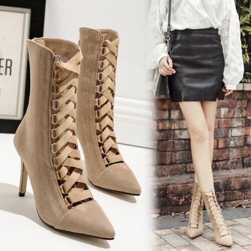 European cross-tied pointed toe chelsea boots women back zipper thin high heels slim fashion botas flock mid-calf botines female