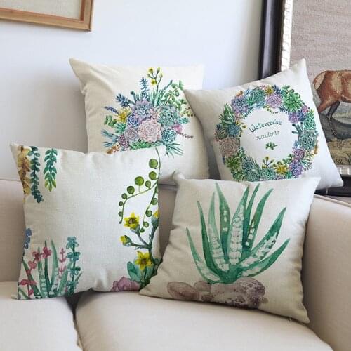 Water-color Style Green Succulent Plants Pattern Throw Pillow Case Office Home Room Sofa Car Decorative Cushion Cover 45x45cm