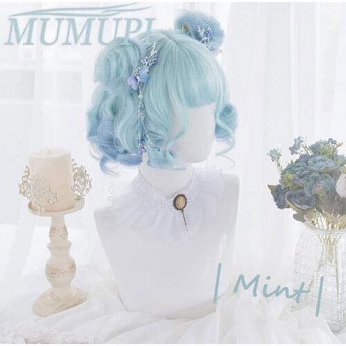 Synthetic Short Wigs for Women Pink Blue Blonde Black Color party Wig Lolita Hair with Bangs Buns Tail Hair Extensions MUMUPI