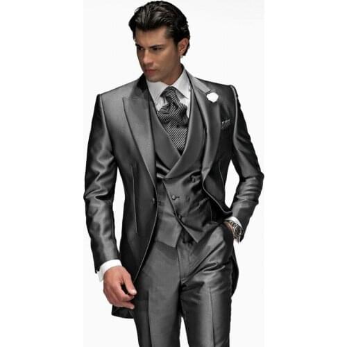 Morning Style Men Suits Shiny Grey Groom Tuxedos Peak Lapel Groomsmen Wedding Bridegroom 3 pieces ( Jacket+Pants+Vest ) D101