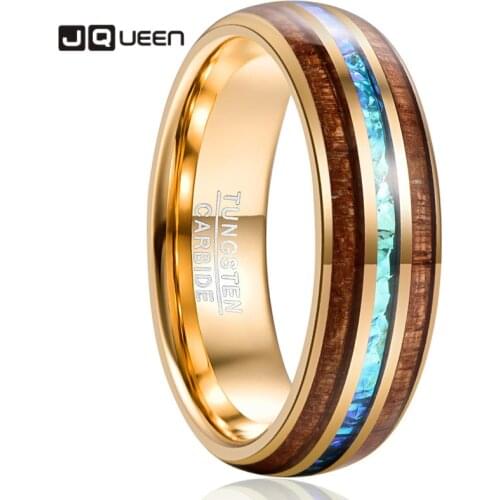Hot Sell Engagement for Mens Gift 6MM Wide Electroplated Gold Inlaid Acacia + Imitation Opel Dome Tungsten Steel Ring Jewelry