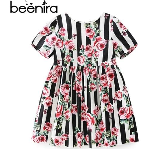 Girl Short Sleeve Dress European and American Style 4-14Y 2020 New Summer Style Striped Floral Dress Kids Dresses