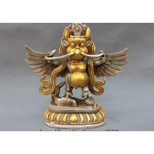 Tibet White copper silver Buddhism Protector Deity Garuda Bird Buddha Statue