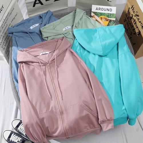Casual Student hoodie New Womens Autumn All-match Thin Long Sleeve zip up Sweatshirt Korean Loose Solid Hooded Sweatshirts 2020