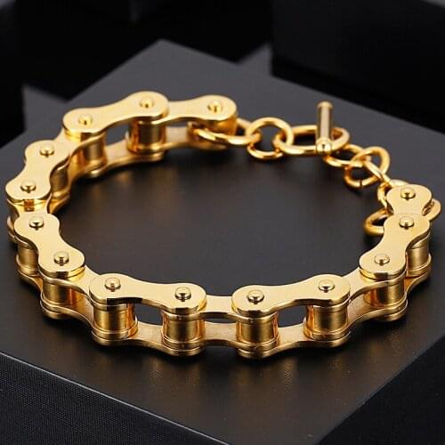 Heavy Gold Color Stainless Steel Chain Biker Bracelet Homme Bicycle Motorcycle Wristband Punk Rock Huge Chunky Male Jewelry Gift