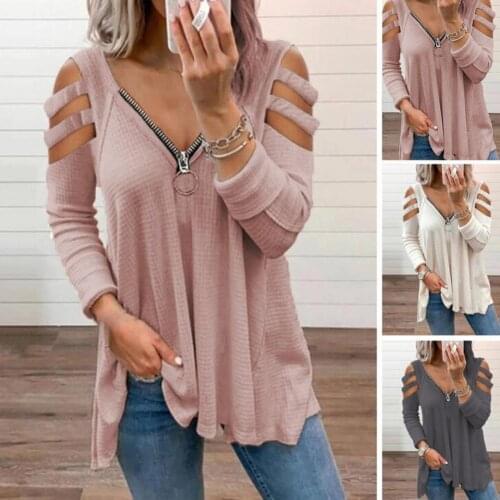 Clothes Stylish Zipper V Neck Hollow Out Blouse Women Blouse Zipper V Neck for Travel