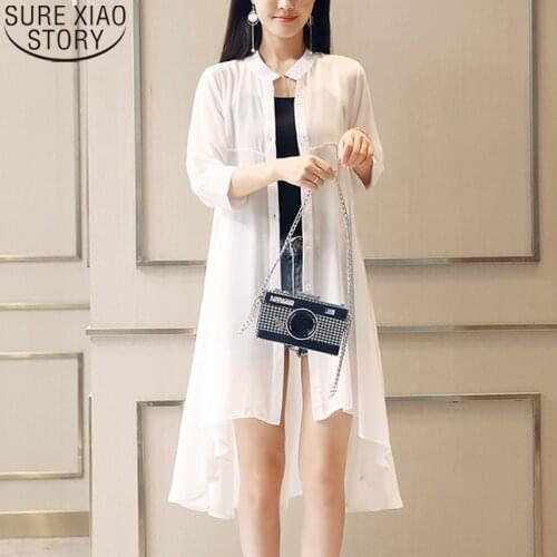 Summer Long Shirt Women Chiffon Blouse Sun-Protection Shirt Transparent Sunscreen Shirt Loose Plus Size White Cardigan 4534