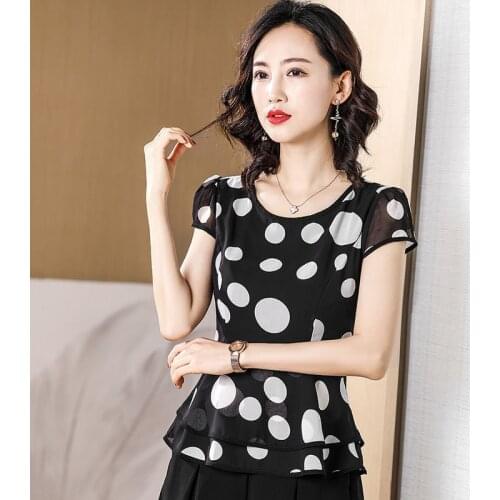 Women Spring Summer Style Chiffon Blouses Shirts Lady Casual Short Sleeve Polka Dot Printed O-Neck Blusas Tops ZZ0541