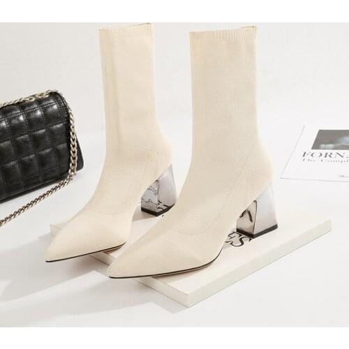 2020 Spring Fashion Women Boots Pointed Toe Elastic Ankle Boots Thick Heels Boots Autumn Winter Shoes Female Sock Boots 34-42