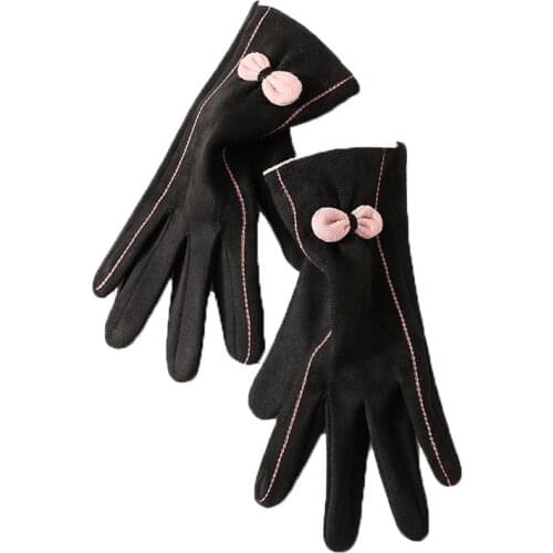 Women Autumn Winter Bow Embroidery Touch Screen Driving Mitten Velvet Cashmere Full Finger Warm Sport Cycling Glove F14