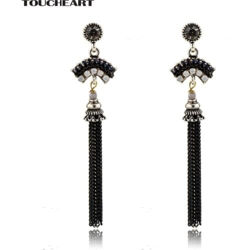 TOUCHEART Crystal Stones Pendant Jewelry Gifts Exquisite Black Tassel Statement Hook Dangle Drop Earrings for Women SER160125