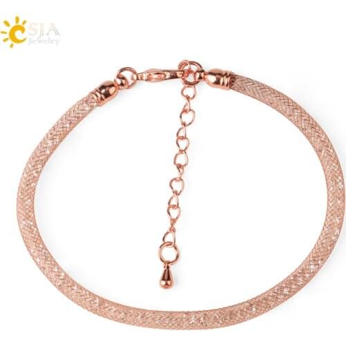 CSJA Rose Gold Silver Color Clasp Charms Bracelet on Hand for Women 2020 Crystal Beads Tube Mesh Female Bracelets Pulseras S665