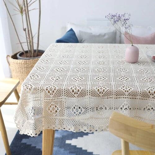 100% Cotton Knitted Lace Tablecloth Openwork Chic Vintage Crocheted Furniture Covering Cloth Handmade Washable Table Topper