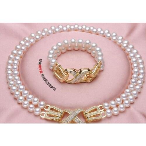 2 rows 9-10mm south sea white round pearl necklace 18"19" 925s&bracelet 7.5-8" KKK