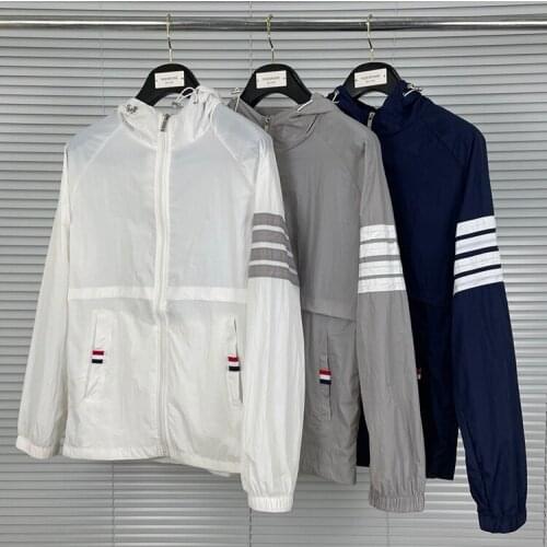 2021 Fashion TB THOM Brand Jacket Men Striped Uv Sun-Protective Loose Summer Sports Coats Thin Casual Hooded Skin Windbreaker
