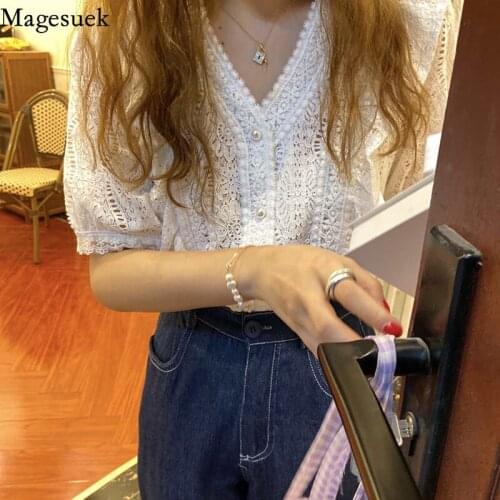 2021 V Neck Hollow Crochet Loose Women Tops Summer Sweet Lace ShirtRuffle Stitching Blouse Short Sleeve Shirt and Blouse 14821