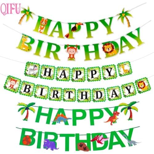 QIFU Dinosaur Happy Birthday Banner Safari Jungle Party Animal Flags And Banners Cartoon Lion Monkey Cartoon Giraffe Banners