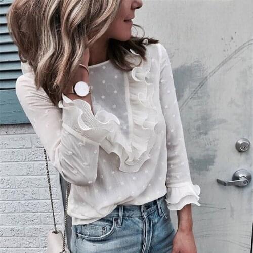 Womens Ruffle Frill Polka Dot Tops and Shirts Elegant Office Lady Long Sleeve Female Blouse Blusas Femininas Elegante Clothes