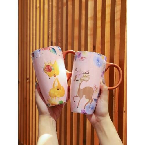 Large capacity mug with spoon ceramic high cup coffee cup lovely girl couple water cup office painting