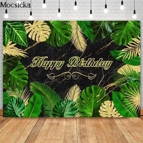 Jungle Safari Birthday Party Backdrop Black Marble Golden And Green Leaf Photography Background Decor Cake Dessert Table Banner
