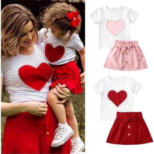 PUDCOCO Adorable Toddler Kids Baby Girl Heart Print Pearl T-shirt Bow Skirt Outfit Clothes Set Summer 1-5Y
