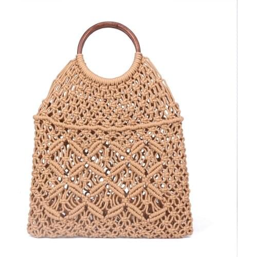 Popula Cotton Rope Hollow Straw Bag Sheer Macrame Tote wooden ring rattan handle Net Bag Vintage Retro Chic handbag