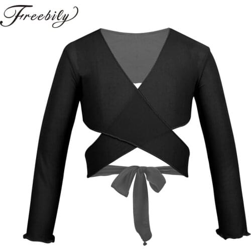 Classic Mesh Wrap Ballet Coat For Kids Girls Long Sleeve Dance Leotards Child Gymnastics Wrap Top with Adjustable Tie Closure