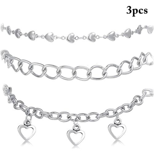 3PCS Ankle Bracelets Set Alloy Heart Shaped Hollow Anklet Set Foot Chain Set Women Leg Chain Layered Heart Anklet