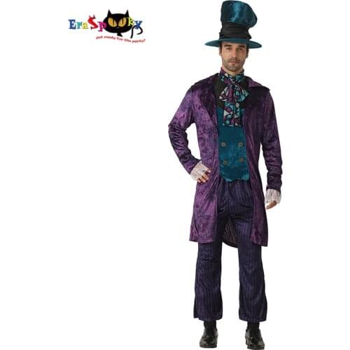Eraspooky Alice In Wonderland Costume Mad Hatter Cosplay Men Halloween Costume for Adluts Carnival Party Christmas Fancy Dress