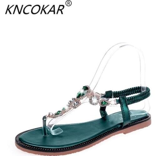 Summer new round toe sandal fashion flat bottom casual womens shoes rhinestone beach flip-toe sandal