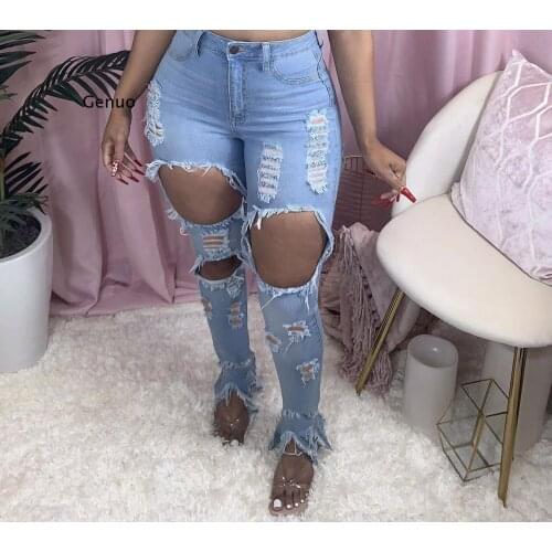 Summer Women Washed Ripped Jeans Fashion Sexy High Waist Skinny Denim Jeans Black Hollow Out Bleached Pencil Pants Plus Size