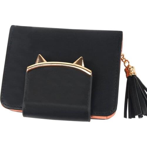 2018 Cute Cat Ears Leather Vintage Tassel Women Wallet Luxury Brand Famous Short Mini Womens Wallets And Purses For Credit Cards