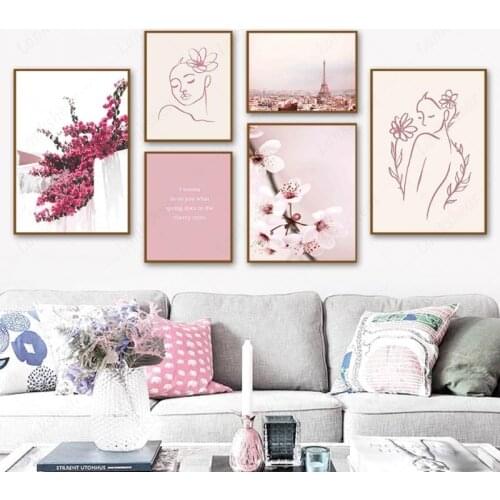 Wall Art Canvas Painting Sakura Cherry Flowers Line Paris Tower Nordic Hd Posters and Prints Wall Pictures for Living Room Decor