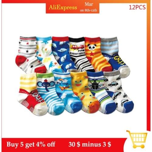 12 Pairs/ Pack Kids Socks Assorted Non-Skid Ankle Cotton Pattern Socks with Grip