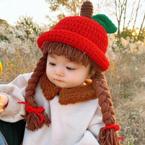 New Arrivals Cute Baby Girl Bucket Hat Hair Pigtail Braid Wig Cap Winter Warm Knitted Children Kids Girls Hats Caps Accessories