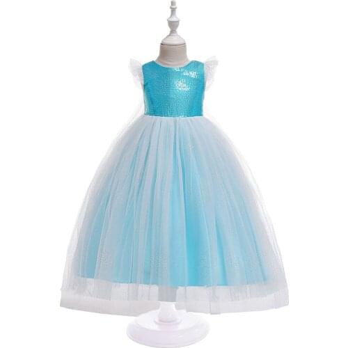 2-7Y New Girls Cartoon Dress Kids Shoulderless Blue Fancy Dress Children Beauty Beast Belle Princess Costumes Party Girls Dress