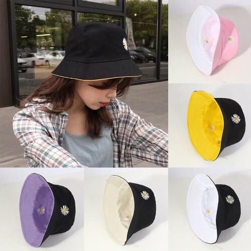 1pc Summer Daisy Embroidery Bucket Hat For Women Girls Foldable Sun Visor Men Caps Large Wide Brim Beach Panama Hats 2021 New