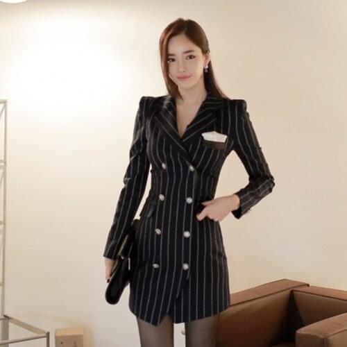 Suit Jacket 2020 New Professional Temperament Slim Suit Collar Woolen Stripes Double-Breasted Suit Jackets Female Office Blazers