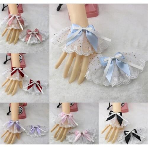 Multicolor Lolita Hand Wrist Cuffs Bowknot Lace Trim Maid Cosplay Accessories For Women Girl D615