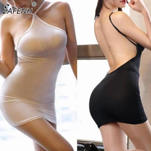 Sexy Women Bodycon Tight Dress Transparent Night Club Erotic Wear Thin Ice Silk See Through Strip Halter Backless MINI Dress