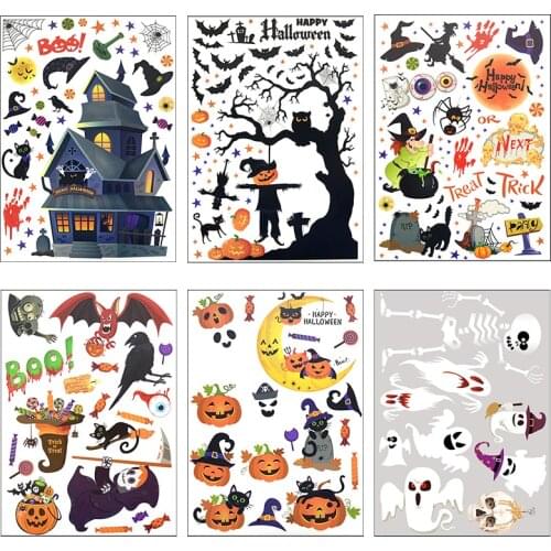Removable Halloween Wall Stickers Horror Grim Reaper Witch Pumpkin Window Stickers For Halloween Party Home Bar Floor Wall Decal