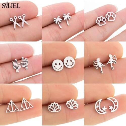 Punk Unisex Smiley Earrings for Men Women 2021 Hip Hop Stainless Steel Black Small Earrings Ballet Angel Dog Paw Jewelry Earings