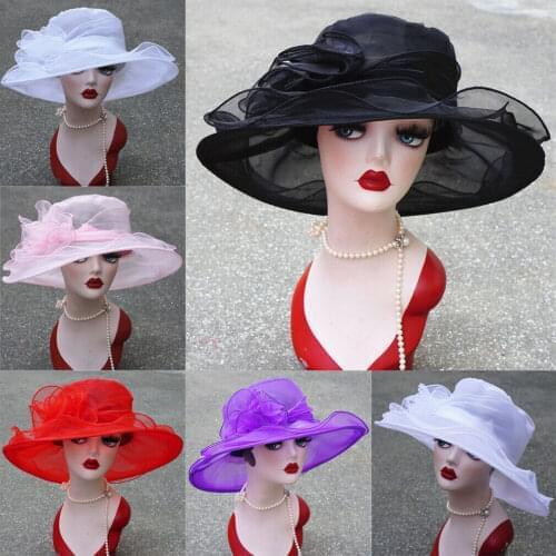 5 Colors Fashion Summer Organza Sun Hats For Women Elegant Ladies Church Vintage Hat Wide Large Brim With Big Flower Fedoras
