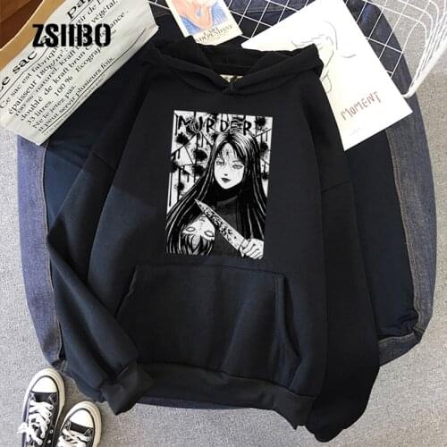 Japanese horror movie cartoon letter punk Vintage big size plus velvet loose gothic hip hop long sleeve ins hooded sweatshirt