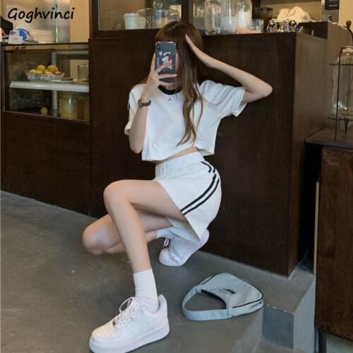 Women Sets Crop Top Short Sleeve T-shirt Mini A-line Striped Skirt Sweat Suits College Student White Loose Soft Ulzzang Females