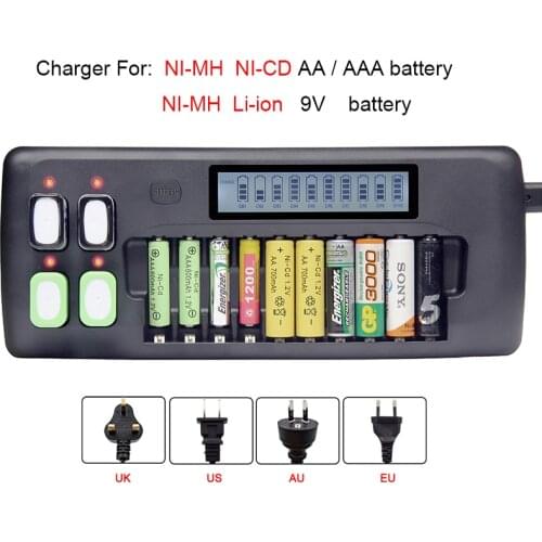 14 Bay LCD Universal Battery charger for 1.2V AA AAA 9V Ni-MH Ni-CD Lithium rechargeable batteries AA AAA battery Smart Charger