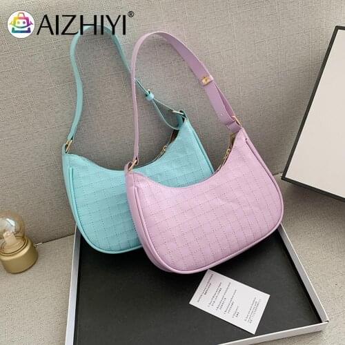 Vintage Women Checkered Pattern PU Leather Shoulder Underarm Bag Casual Solid Color Small Hobos Handbag Purse