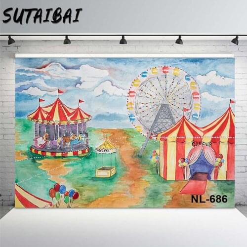 Circus Photography Background Carousel Ferris Wheel Neon Lights Backdrop Decoration Props Child Birthday Baby Shower PhotoStudio
